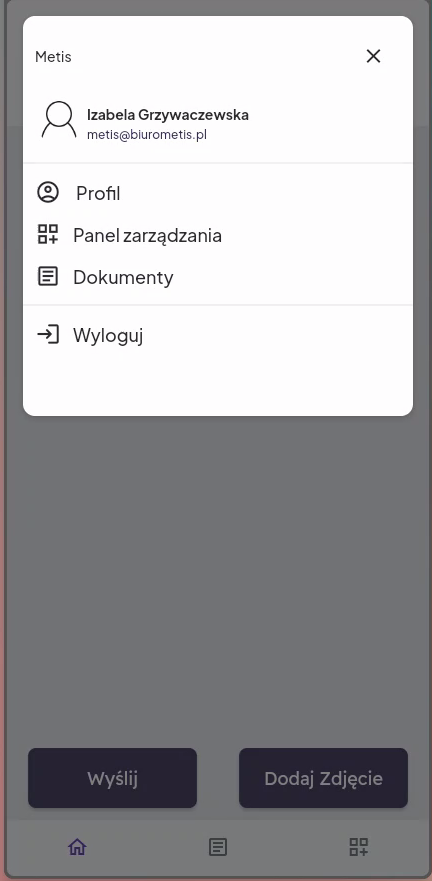 Menu użytkownika w aplikacji Metis