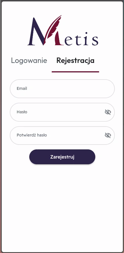 Ekran rejestracji w aplikacji Metis